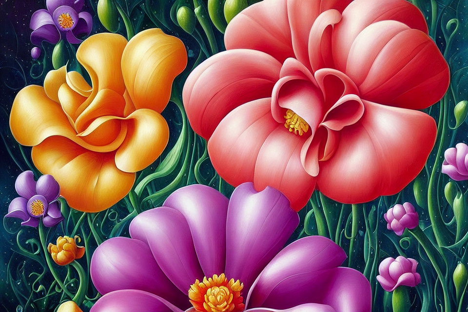 Colorful Oversized Flower Illustration in Yellow, Pink, Purple Hues