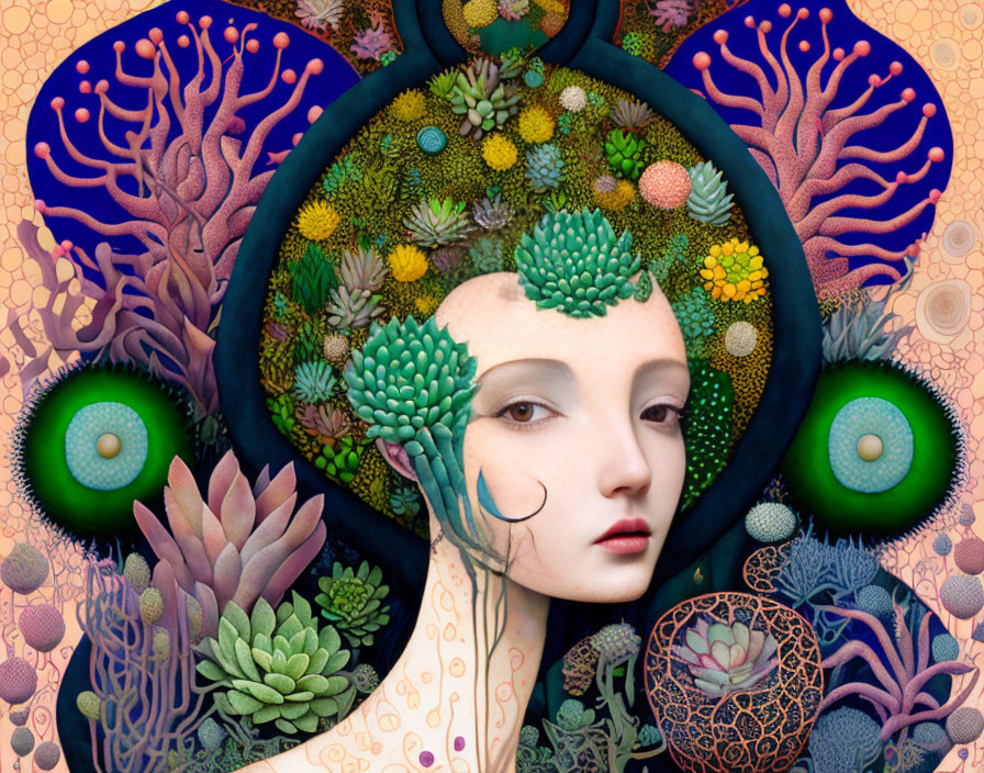 Detailed Woman Surrounded by Flora and Fauna in Colorful Fantasy Background