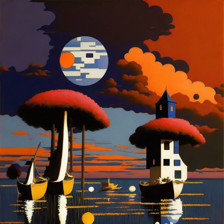 Colorful painting: sailboats, lighthouse, whimsical trees, moon, abstract patterns in sunset