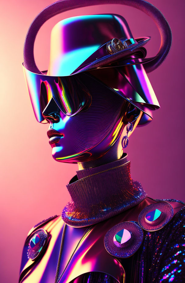 Portrait of person with metallic skin, unique hat, sunglasses, vibrant lighting