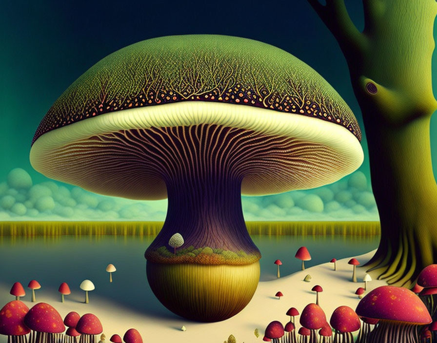 Stylized artwork of large tree-like mushroom with intricate branches and reflective water.