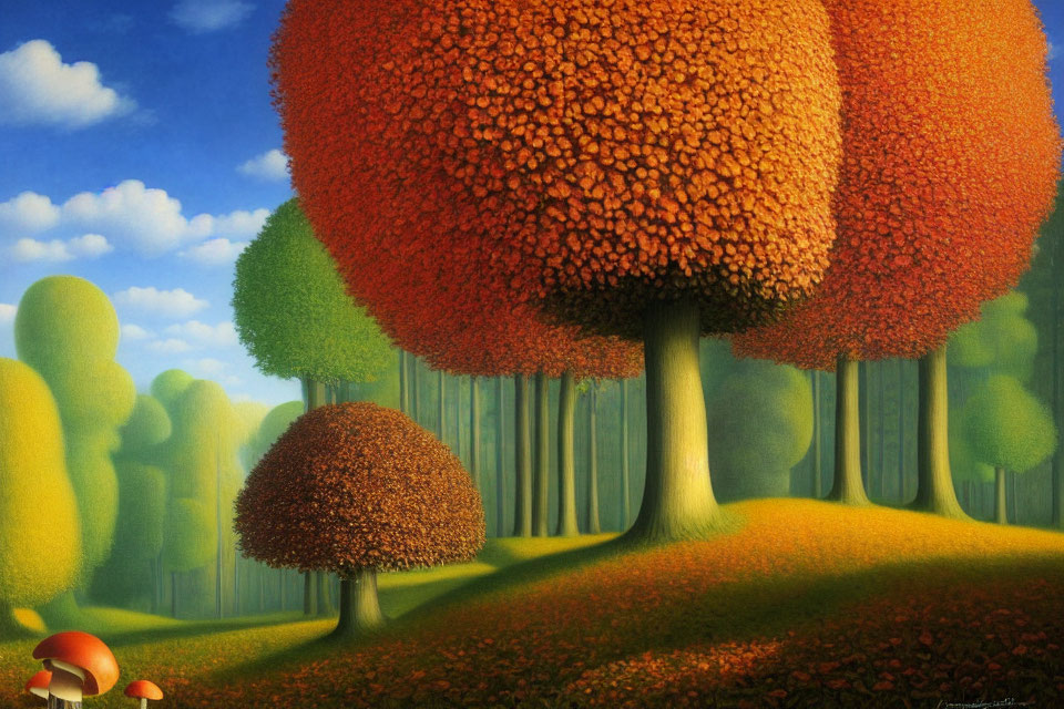 Colorful painting of whimsical trees and mushrooms under blue sky