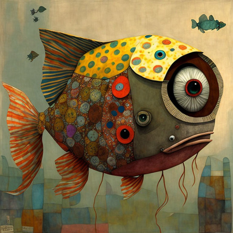 Colorful surreal fish with big eye and human-like lips on abstract background