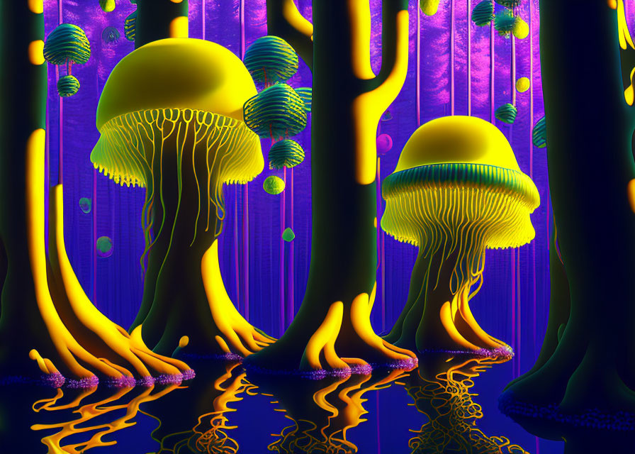 Fantasy forest with neon-lit trees and floating orbs on purple-blue backdrop