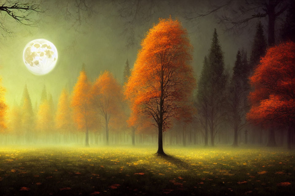 Serene Nocturnal Landscape with Autumn Trees and Full Moon