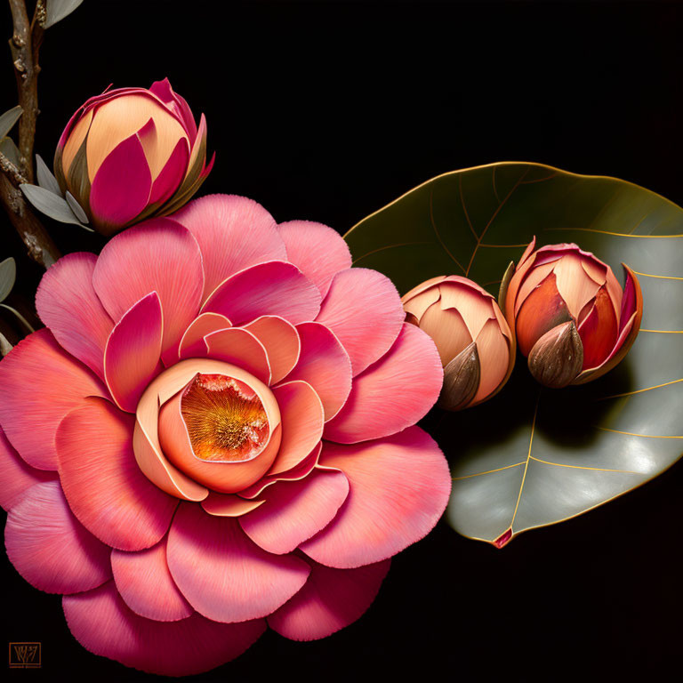 Pink Camellia Flower in Full Bloom with Buds and Green Leaves on Dark Background