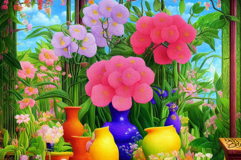 Colorful floral painting with pottery in lush garden setting