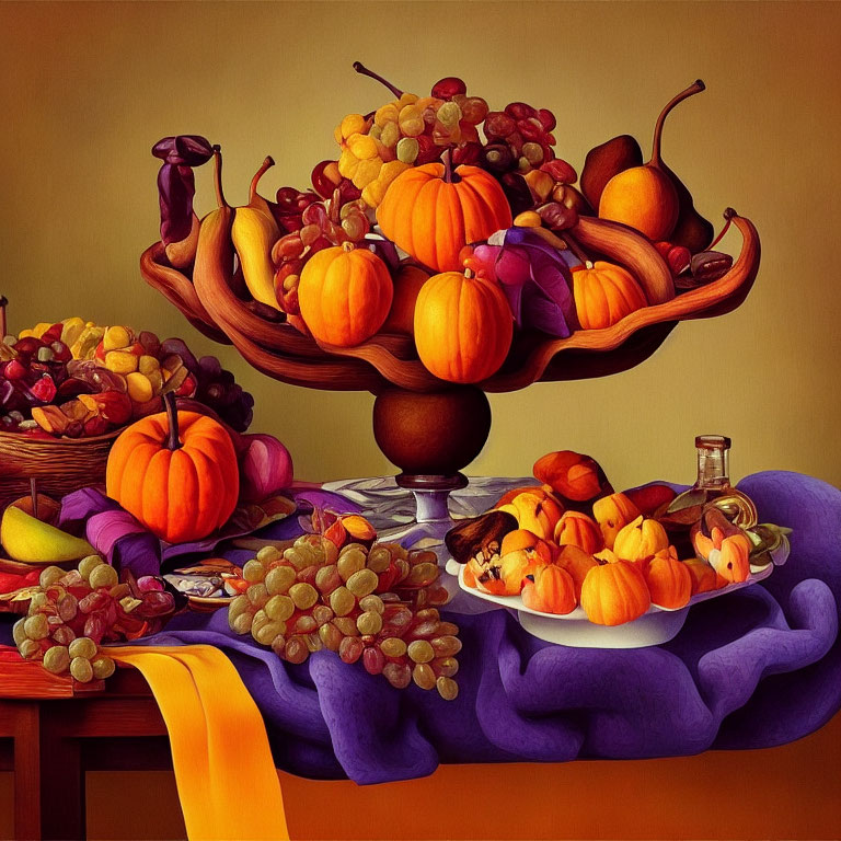 Autumnal still life with pumpkins, pears, grapes, and plums on warm-ton