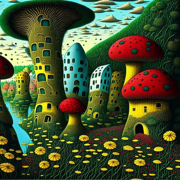 Whimsical landscape with mushroom houses and sailboats in vibrant detail