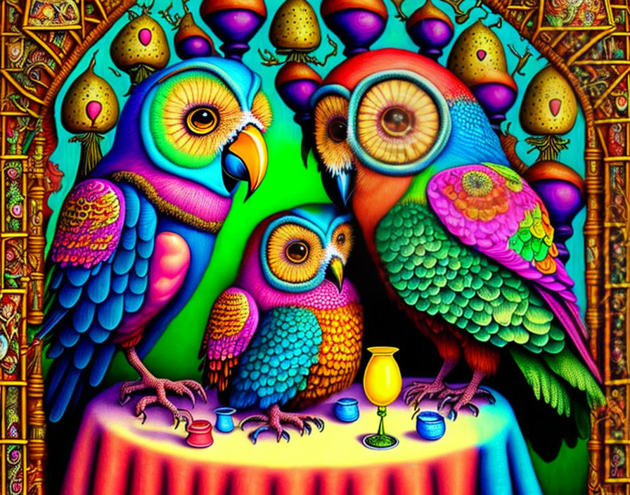 Colorful Psychedelic Owl Artwork with Chalice and Branch