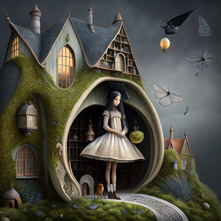 Melancholic girl with cat by whimsical ivy-covered house and flying insects.