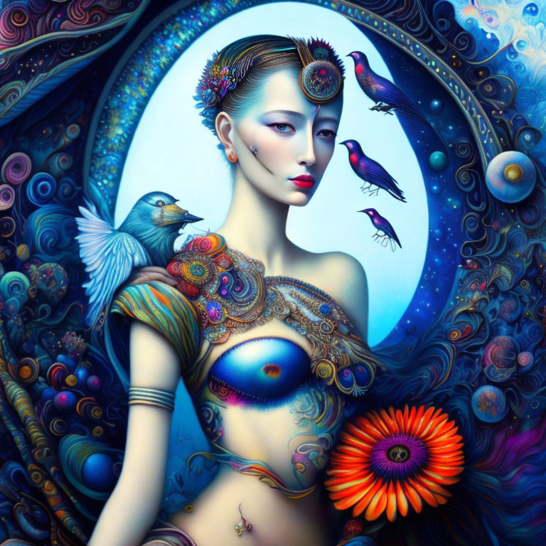 Vibrant body art woman with birds in surreal illustration