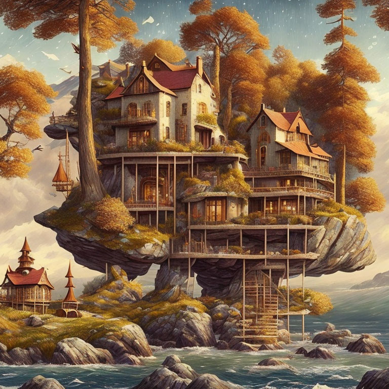 Intricate floating island with surreal autumn vibe