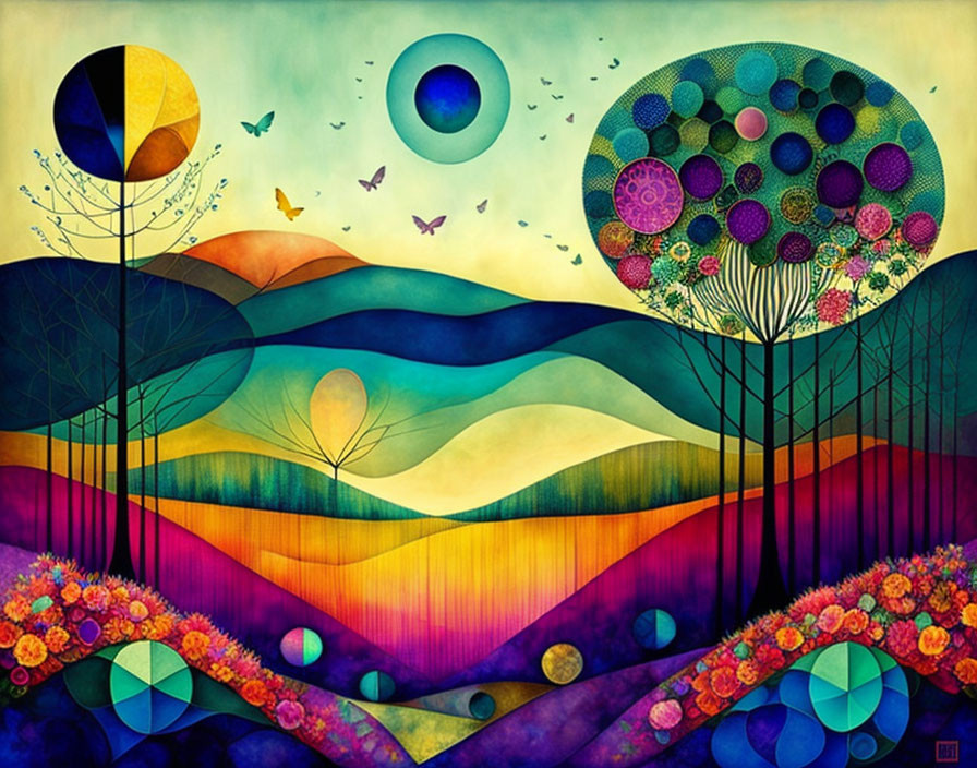 Abstract Landscape with Colorful Hills, Patterned Trees, Sun, Moon, and Butterflies