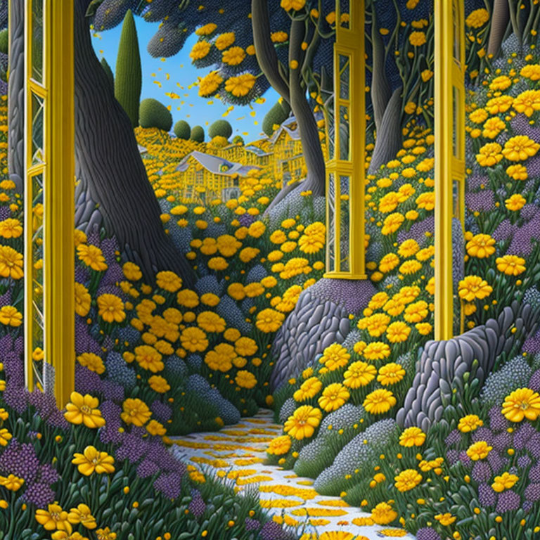 Vibrant fantasy garden with yellow flowers and purple paths