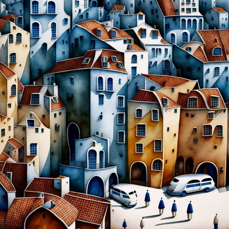 Colorful Whimsical Village Illustration with Classic Car