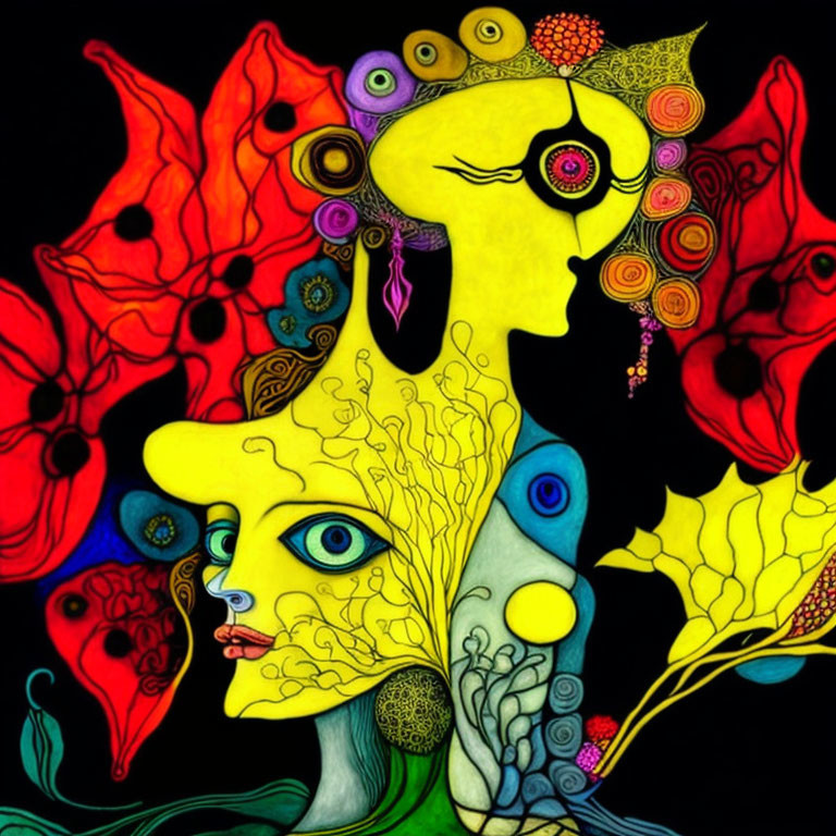 Vibrant abstract art: multiple-eyed faces & nature elements on dark backdrop