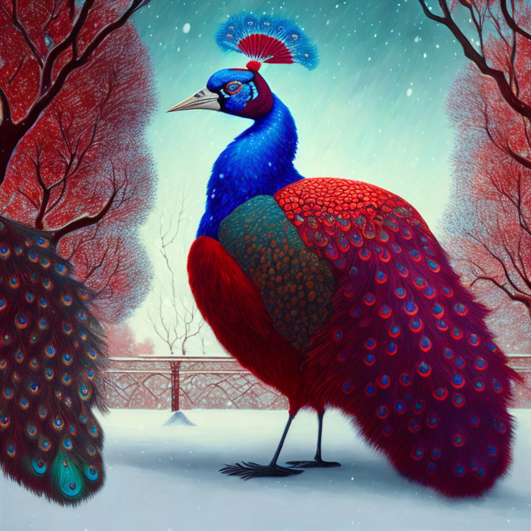 Colorful Peacock Illustration in Snowy Landscape with Red Trees