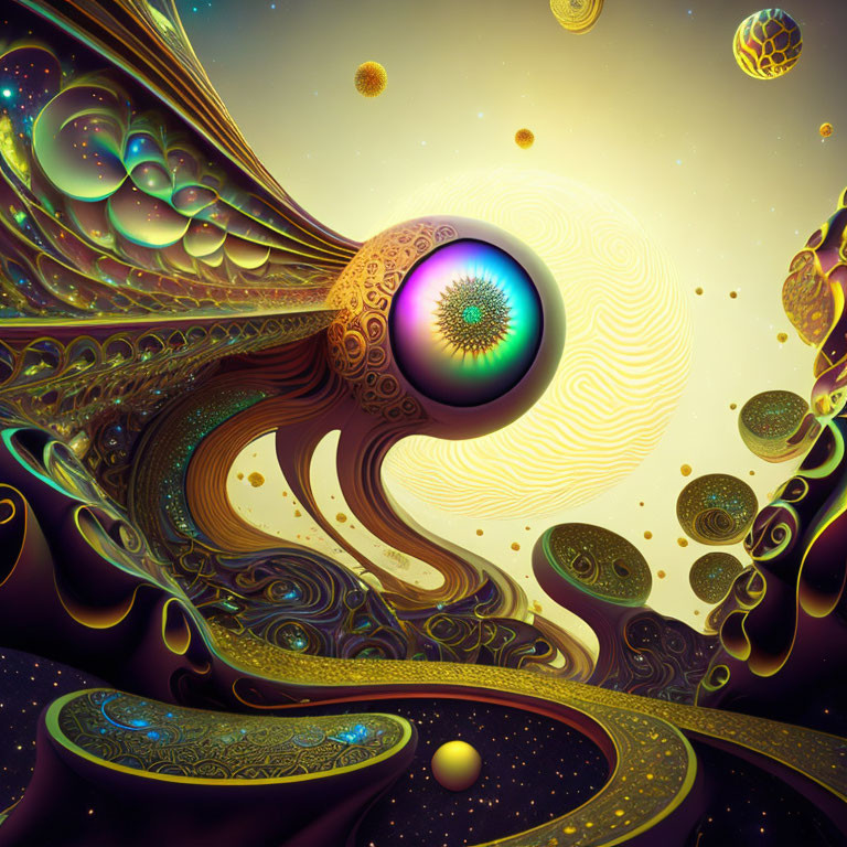 Abstract digital artwork: Large eye-like orb with ornate patterns in cosmic setting