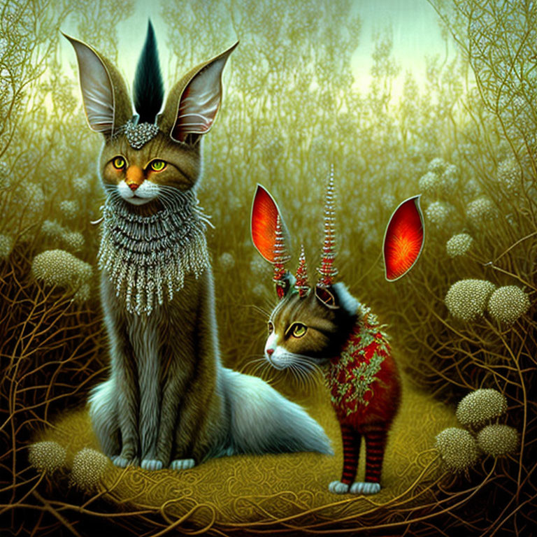 Fantastical cats with decorative ears in enchanted forest