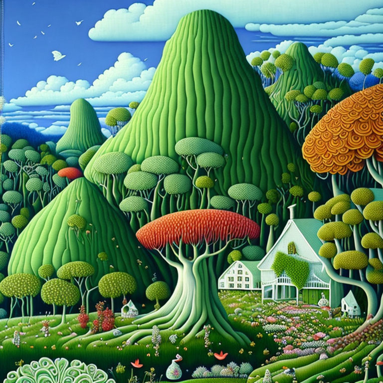 Exaggerated green hills, stylized trees, house, red mushroom in surreal landscape