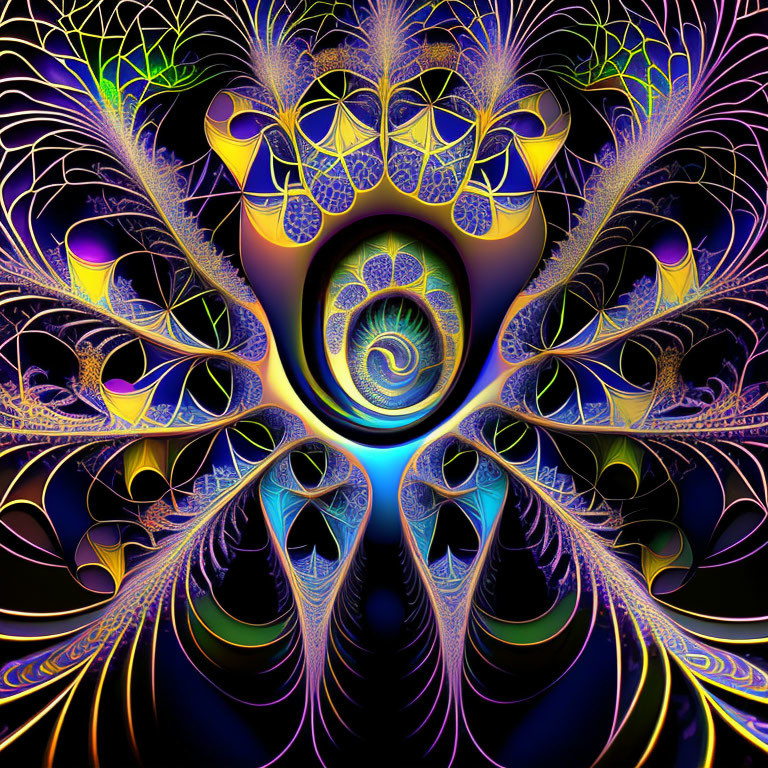 Symmetrical fractal image with spiral center and leaf-like shapes in blue, purple, and gold on