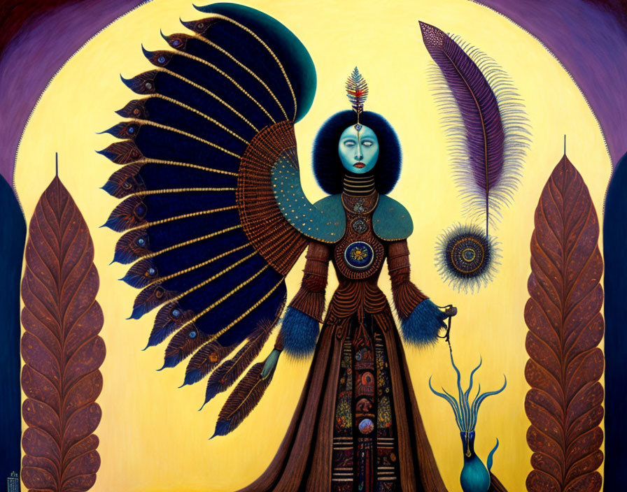 Surreal blue-skinned figure with peacock feathers on intricate clothing against yellow backdrop