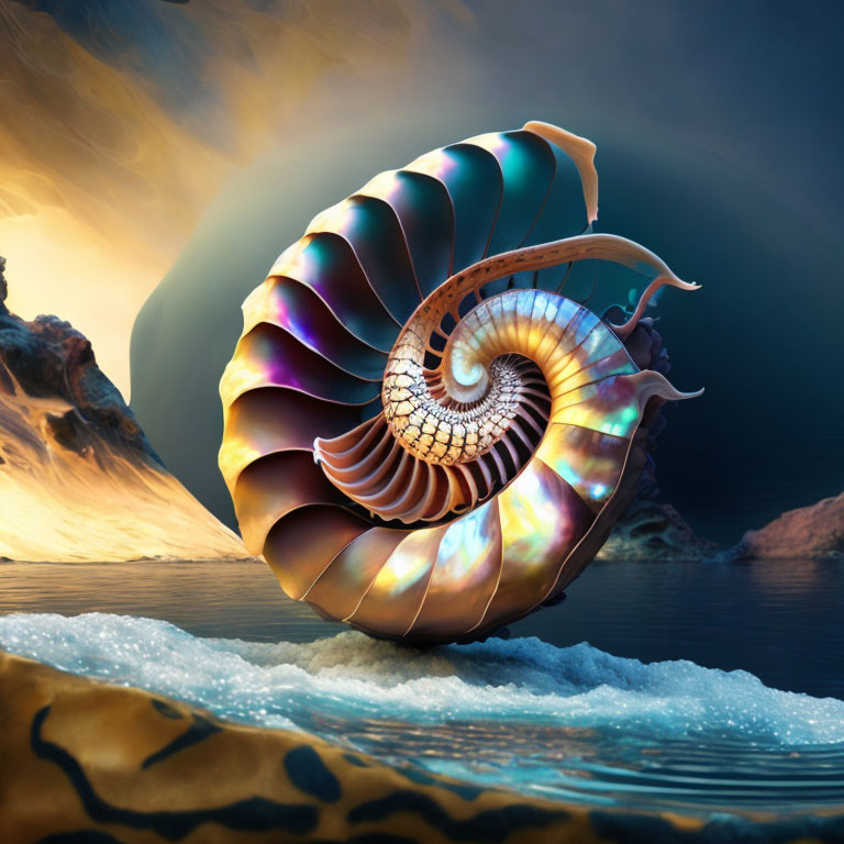 Iridescent nautilus shell on surreal shore landscape