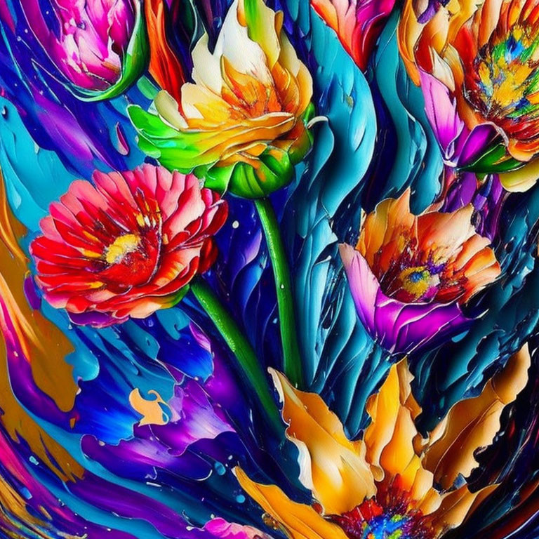 Abstract floral painting with vibrant colors and swirling patterns