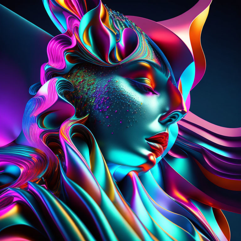 Colorful digital portrait of a woman with flowing iridescent hair on dark backdrop