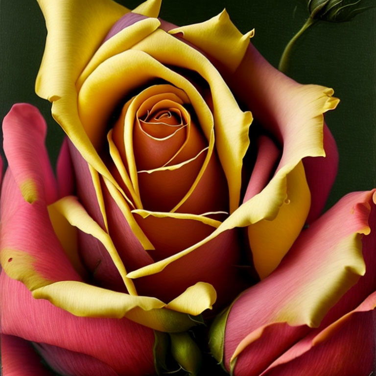 Vibrant yellow rose with pink-tipped petals on dark green backdrop