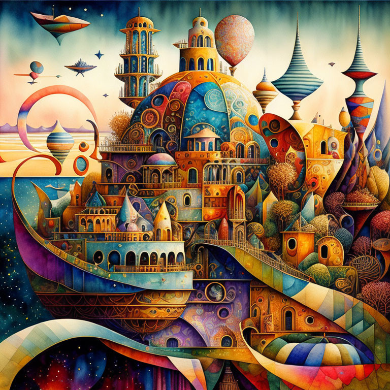 Whimsical artwork of fantastical city with domed buildings, airships, and floating islands