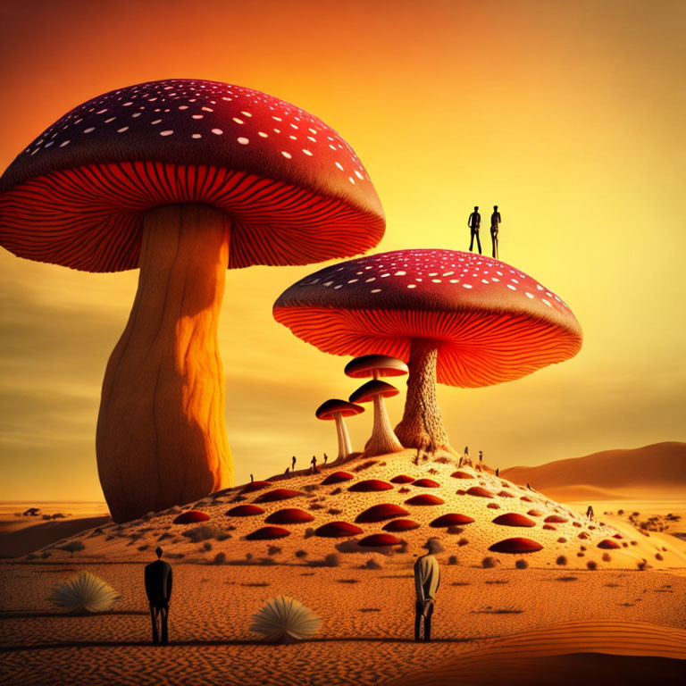 Surreal desert landscape with giant mushrooms and small figures under orange sky