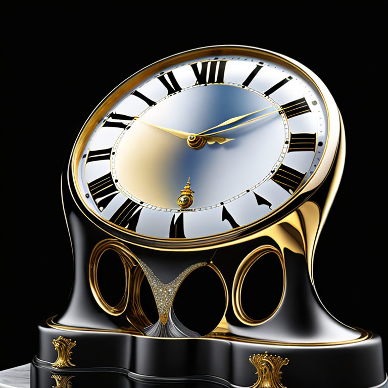 Surrealistic clock with Roman numerals & golden highlights