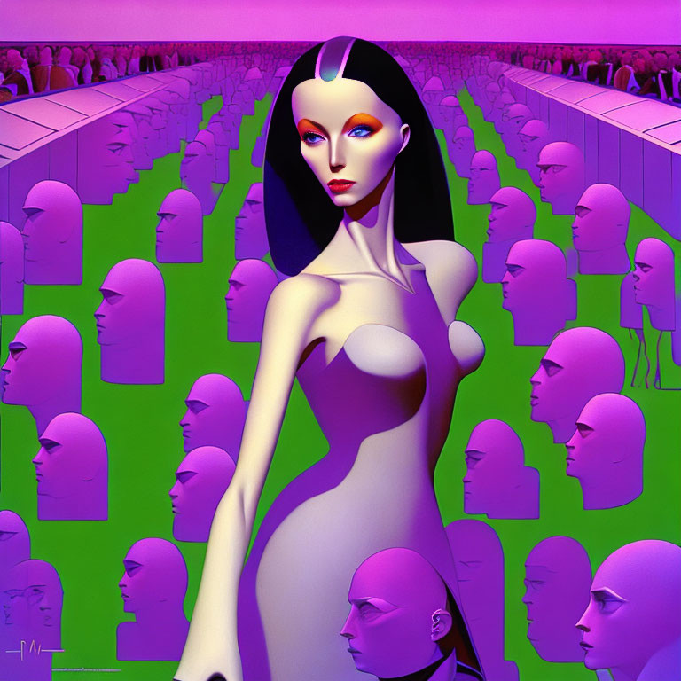 Surreal illustration featuring stylized woman and face molds on purple and green background