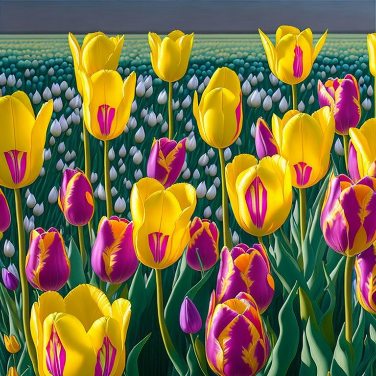 Colorful Yellow and Purple Tulip Field with Green Foliage and Cloudy Sky