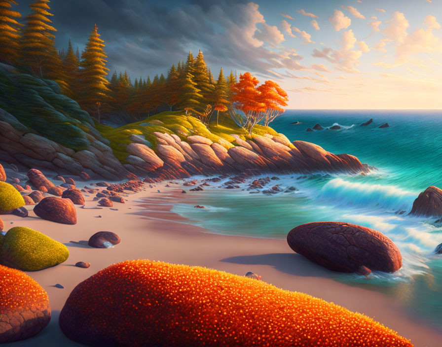 Colorful Trees and Smooth Stones: Sunset Coastal Scene with Gentle Waves