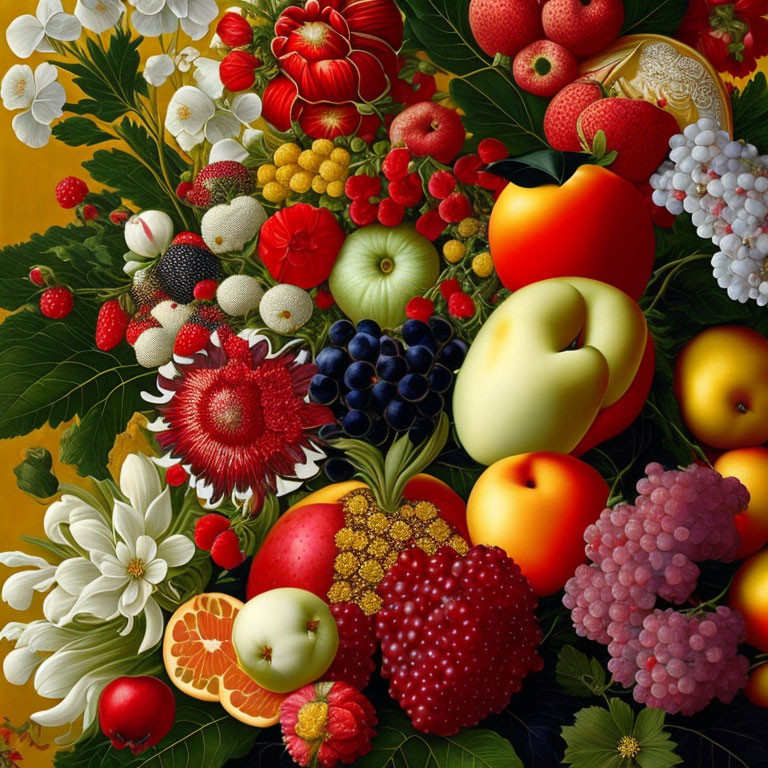 Colorful Fruits and Flowers in Luxurious Composition