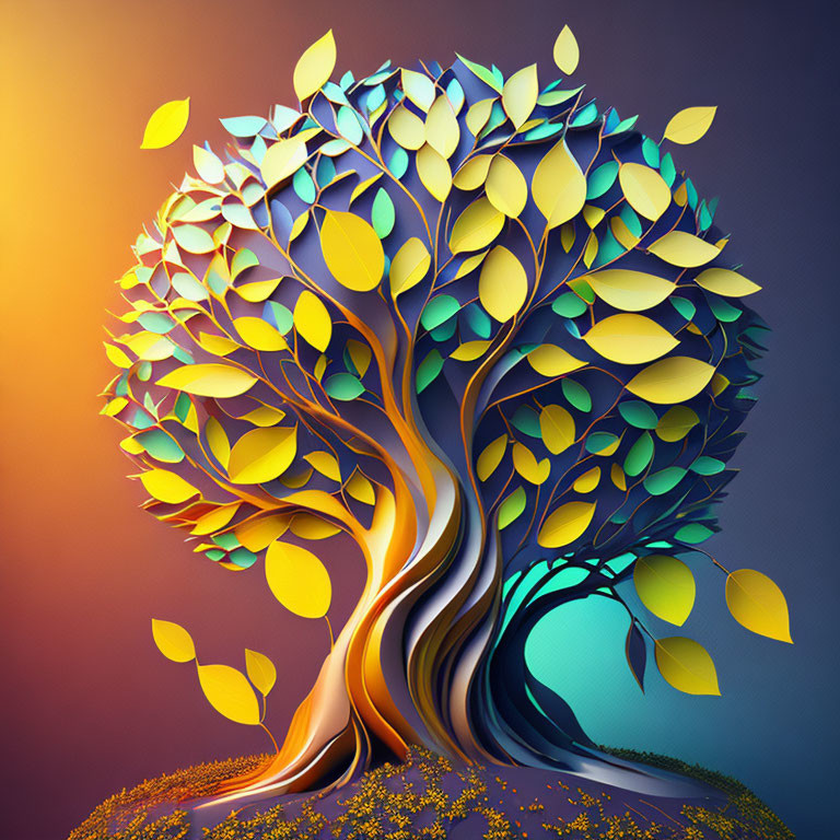 Colorful stylized tree with yellow leaves on gradient orange and teal background