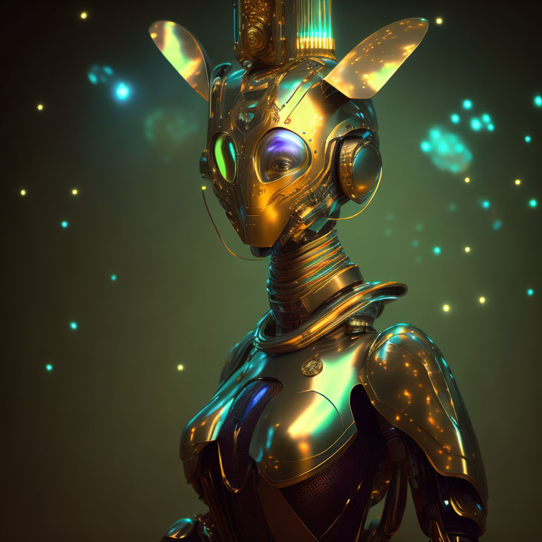 Golden humanoid robot with intricate details in blue light on dark background