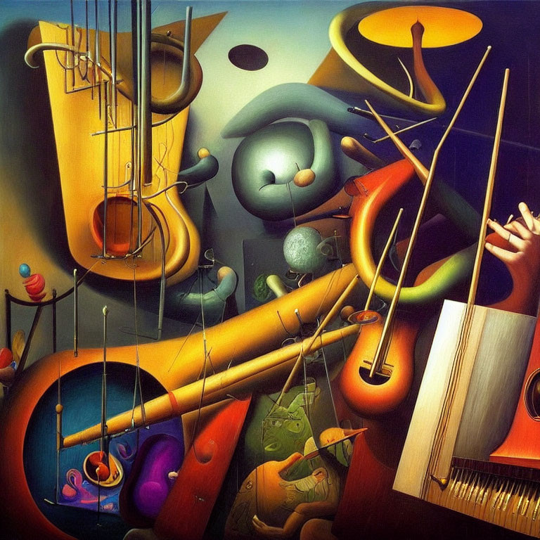 Vibrant surreal artwork of abstract forms with musical instruments