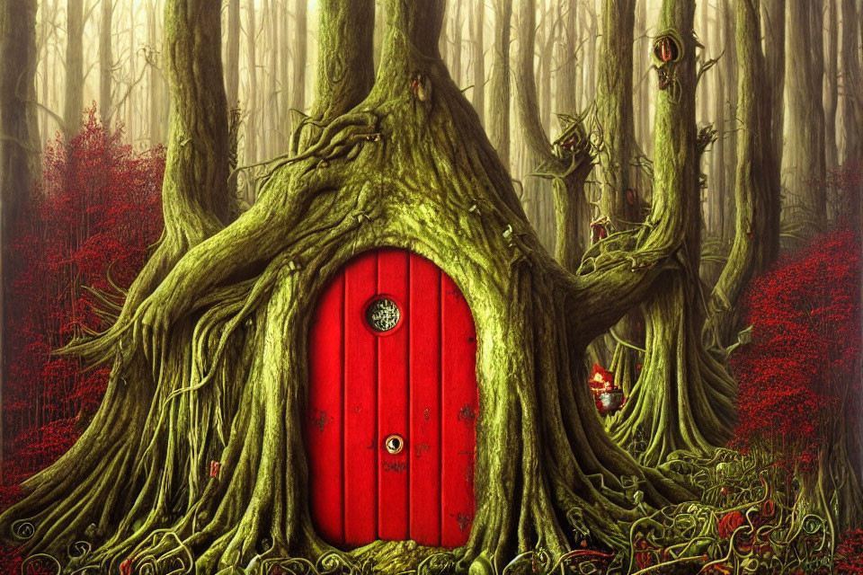 Detailed illustration of large tree with red door in mystical forest