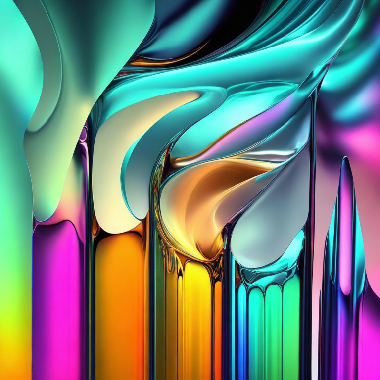 Colorful Digital Art: Fluid Iridescent Shapes in Pink, Blue, and Green