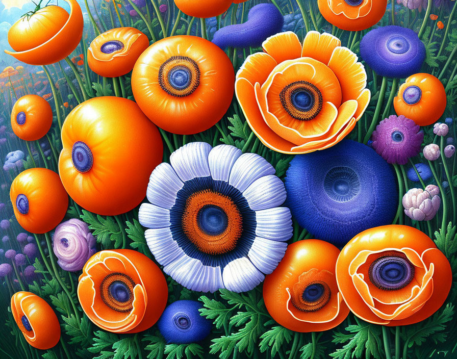 Colorful surreal artwork: Flora and eyeballs in orange, blue, purple on green background