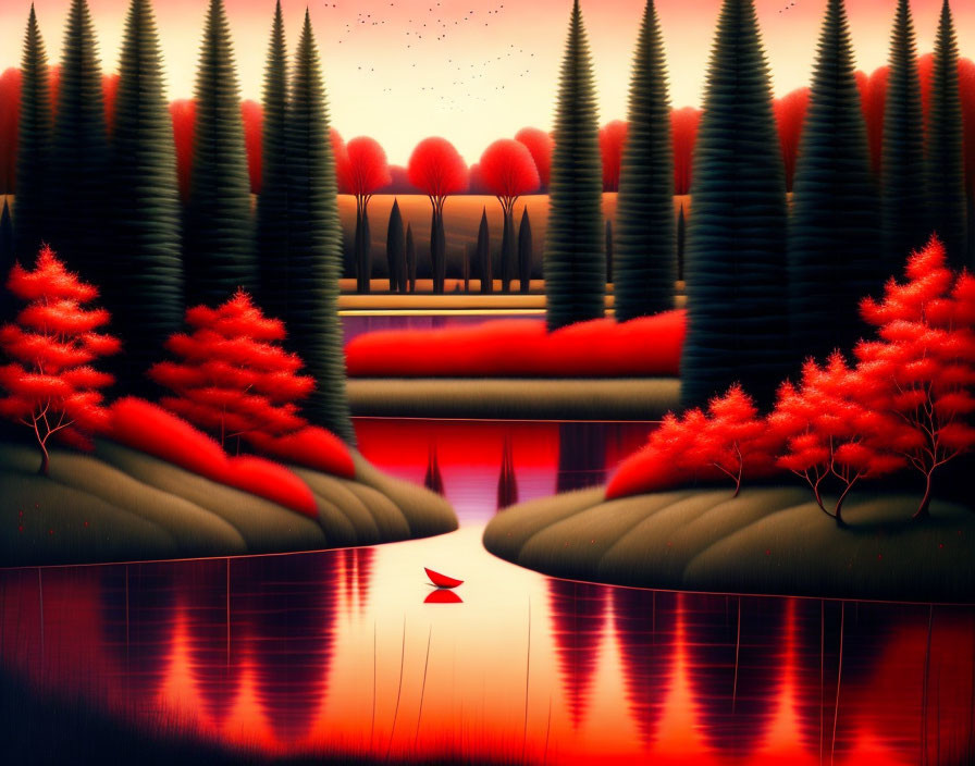 Vivid surreal landscape with red trees, tranquil lake, sunset, dark pine trees, and paper boat