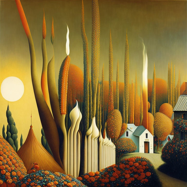 Vibrant surreal landscape: tall flame-like trees, pointed roof houses, large sun.