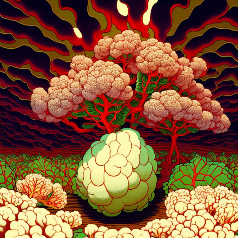 Surreal cauliflower explosion with tree structures in undulating hills