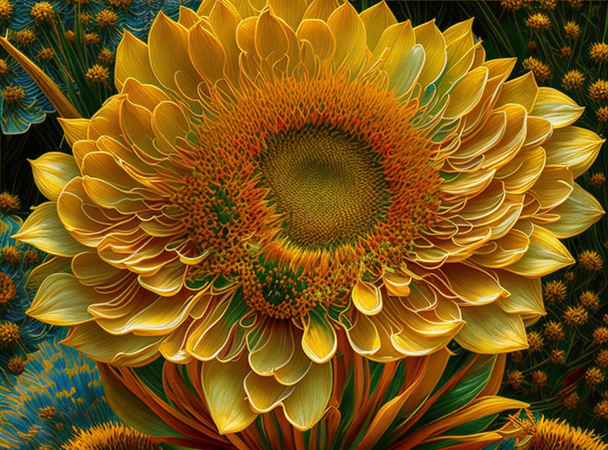 Detailed digital artwork: Sunflower with intricate patterns and textures