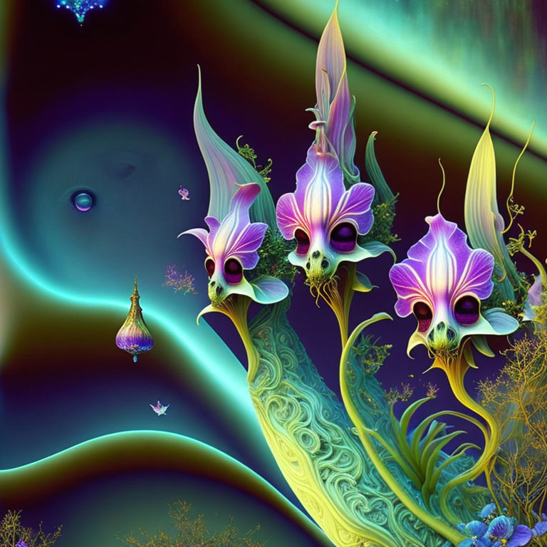 Vibrant surreal digital artwork: Alien-like floral structures in cosmic backdrop