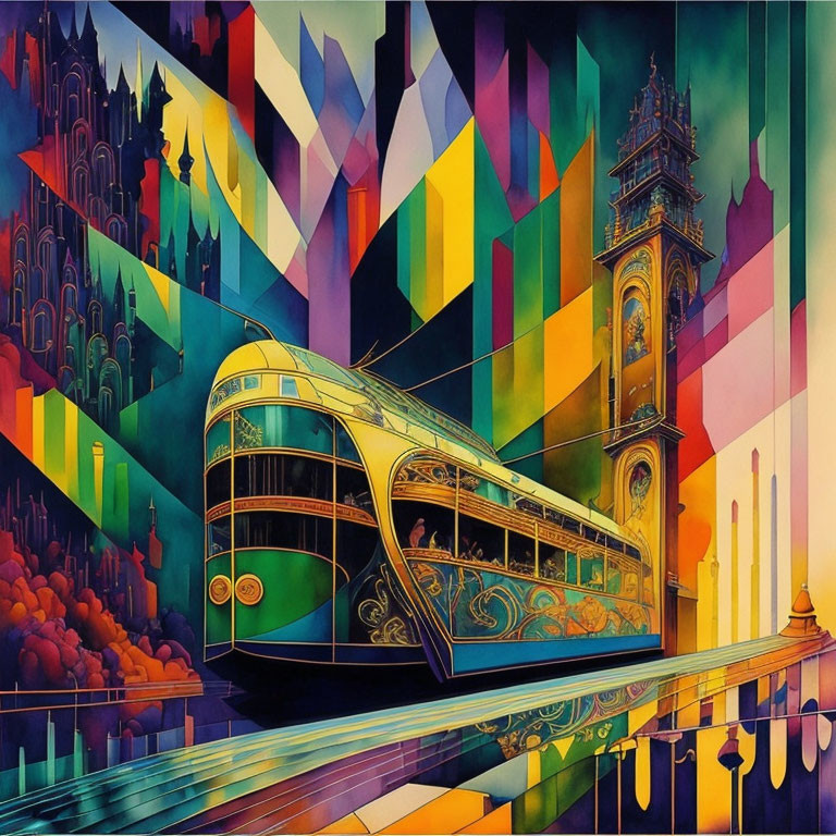 Colorful illustration: Classic tram, geometric shapes, clock tower